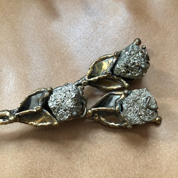 Brutalist pyrite and brass flower necklace vintage silver gold statement - Picture 6 of 13